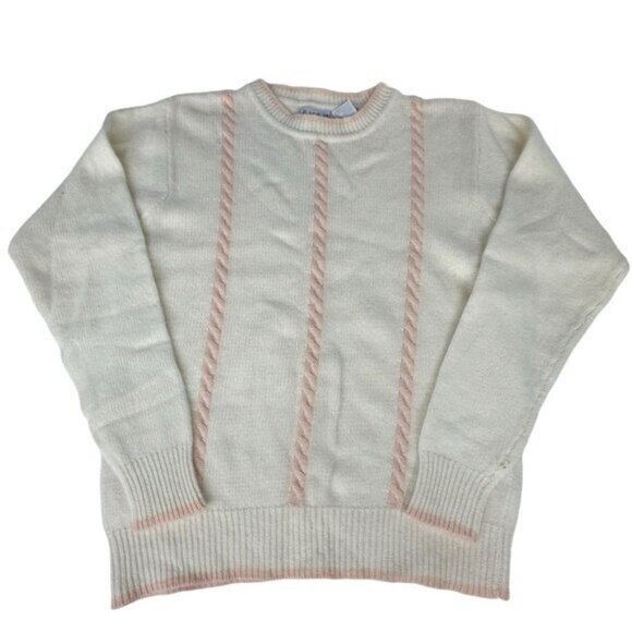 Russ Petites M Sweater Crew Neck Angora Lambswool Pink Cream Crew Neck Vintage - Picture 1 of 5